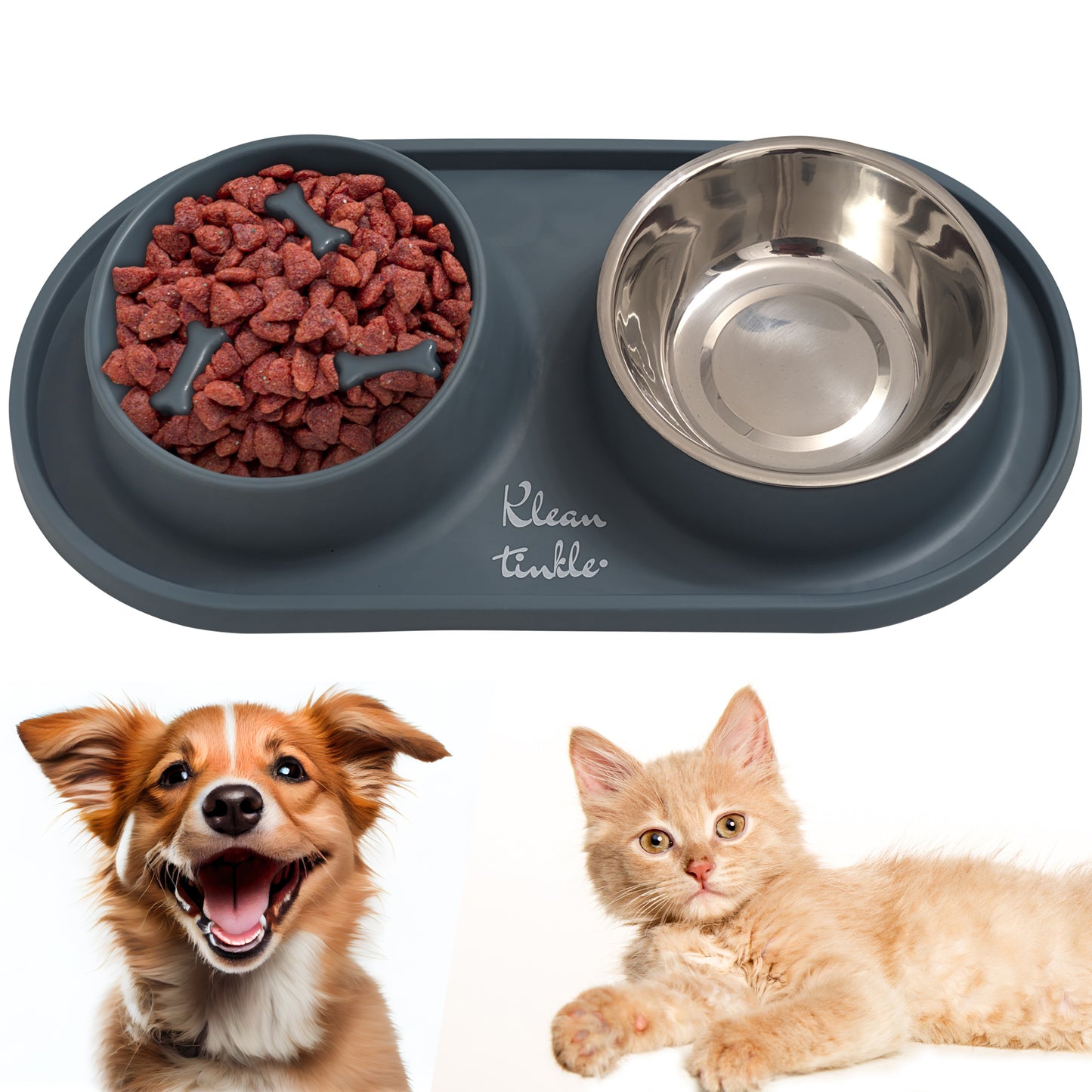 Slow Feeding Pet Bowl Set - Removable Stainless Steel Bowl and Non-Skid Silicone Mat in Stunning Slate Gray for Cats & Dogs