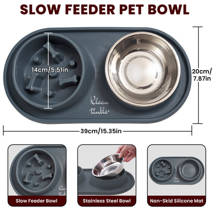 Slow Feeding Pet Bowl Set - Removable Stainless Steel Bowl and Non-Skid Silicone Mat in Stunning Slate Gray for Cats & Dogs