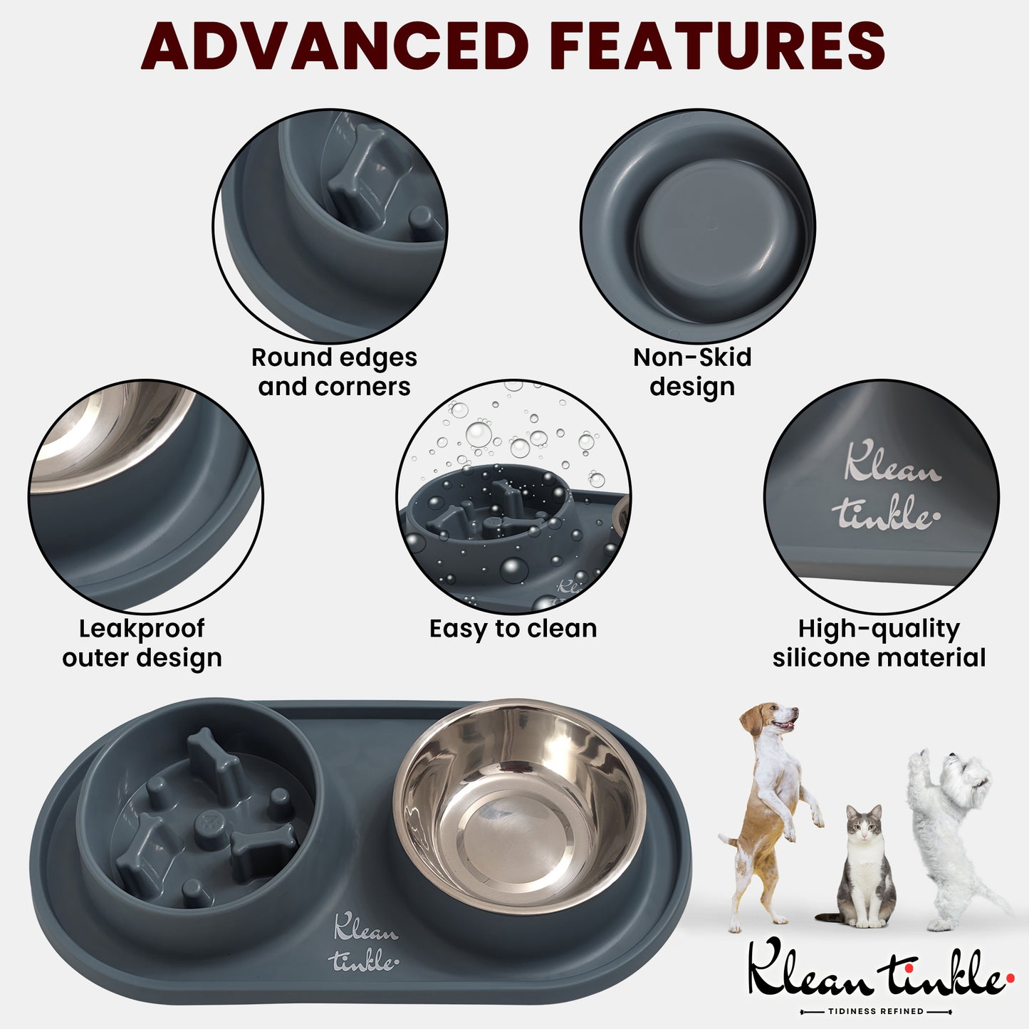 Slow Feeding Pet Bowl Set - Removable Stainless Steel Bowl and Non-Skid Silicone Mat in Stunning Slate Gray for Cats & Dogs