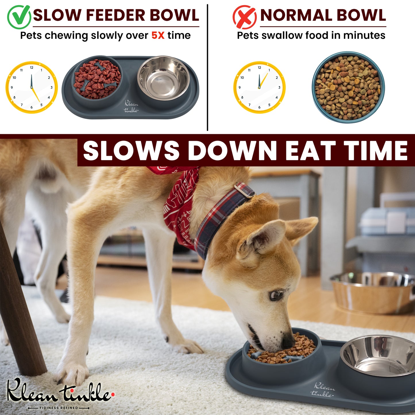 Slow Feeding Pet Bowl Set - Removable Stainless Steel Bowl and Non-Skid Silicone Mat in Stunning Slate Gray for Cats & Dogs