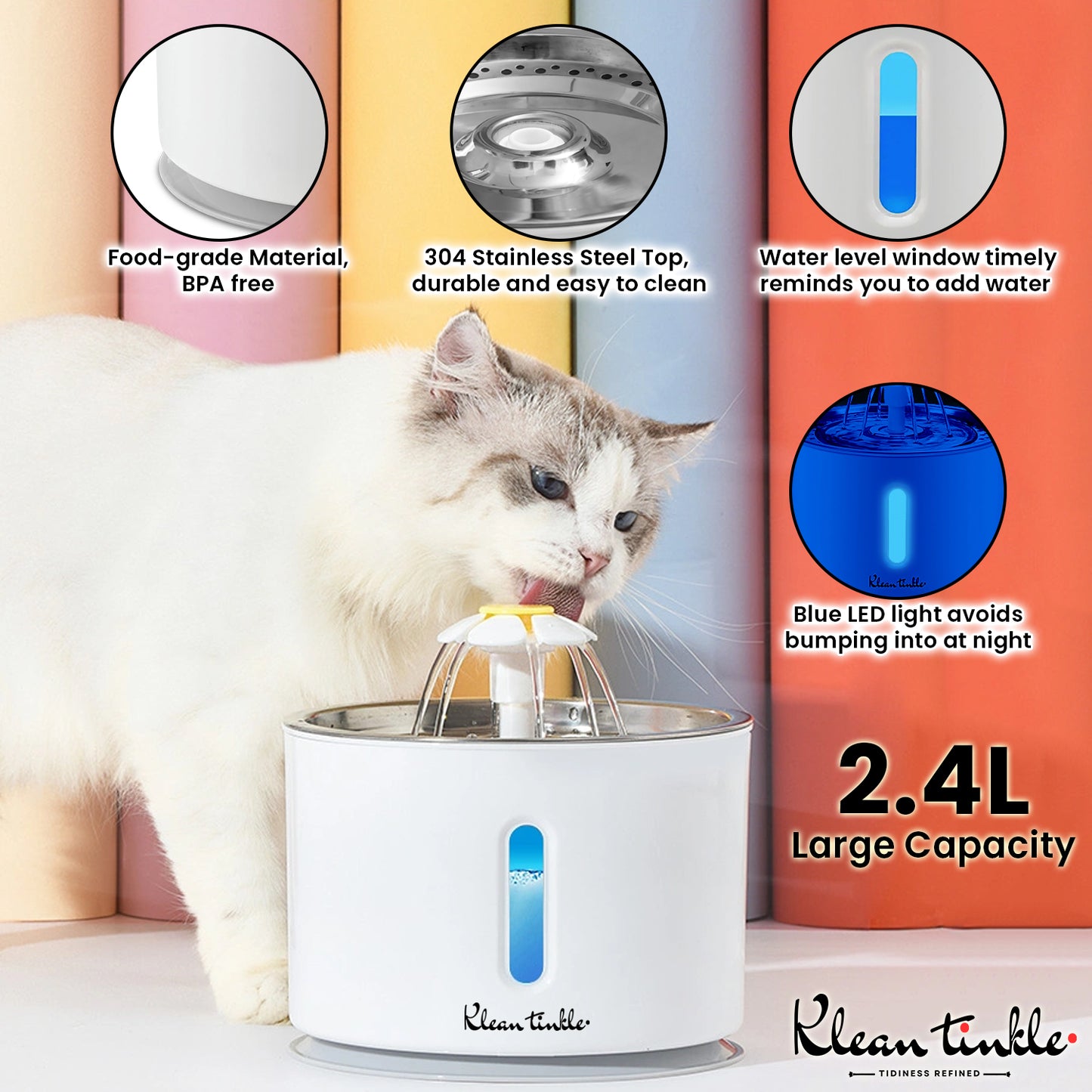 2.4L Cat Pet Water Fountain Automatic LED Drinking Fountain Bowl with 5 Filters