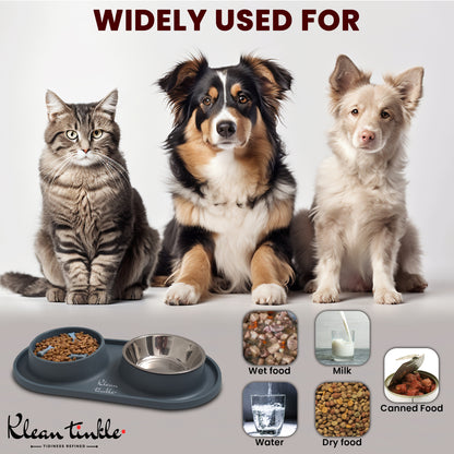 Slow Feeding Pet Bowl Set - Removable Stainless Steel Bowl and Non-Skid Silicone Mat in Stunning Slate Gray for Cats & Dogs