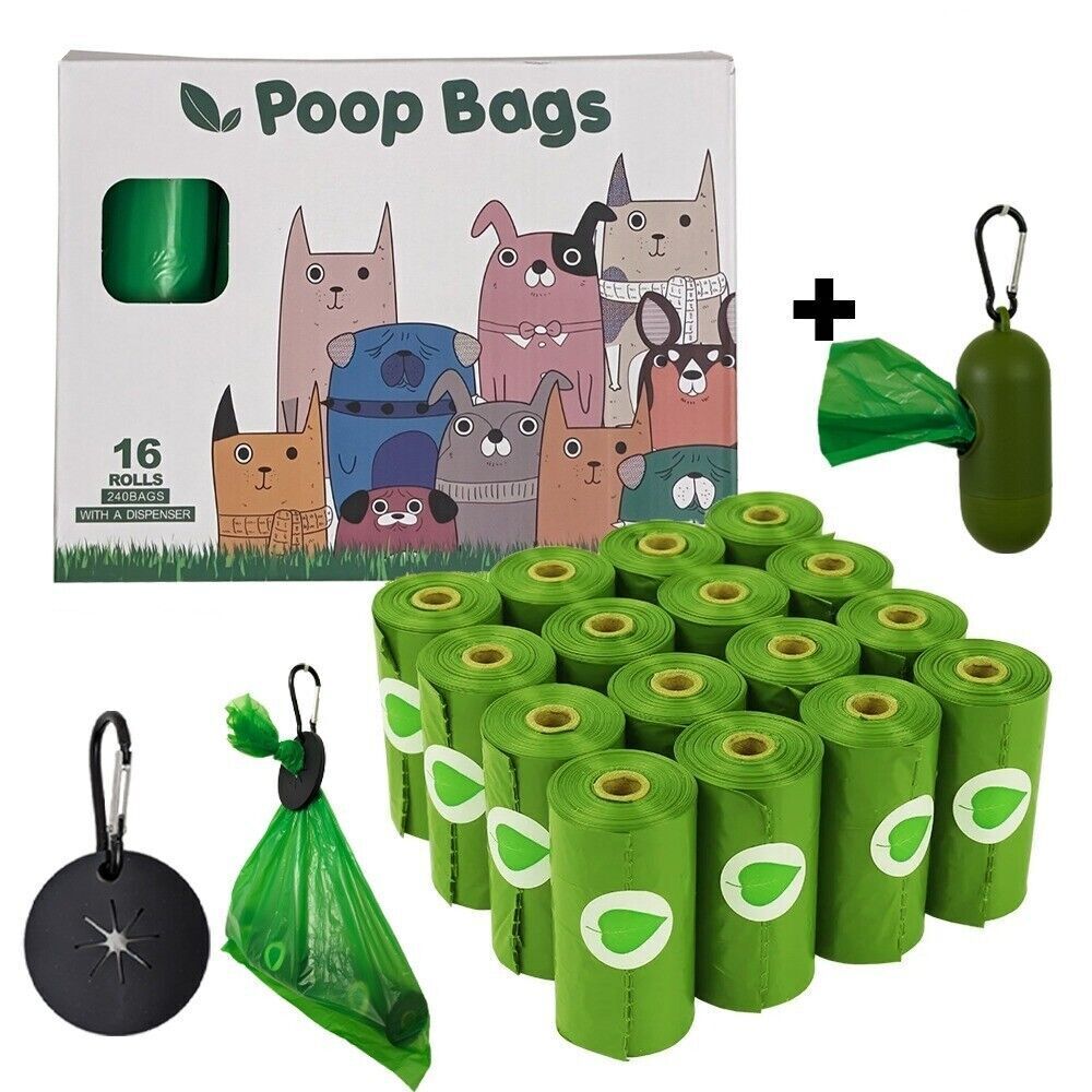 240 Scented Compostable Dog Poop Bags with Dispenser and PVC bag holder 16 rolls