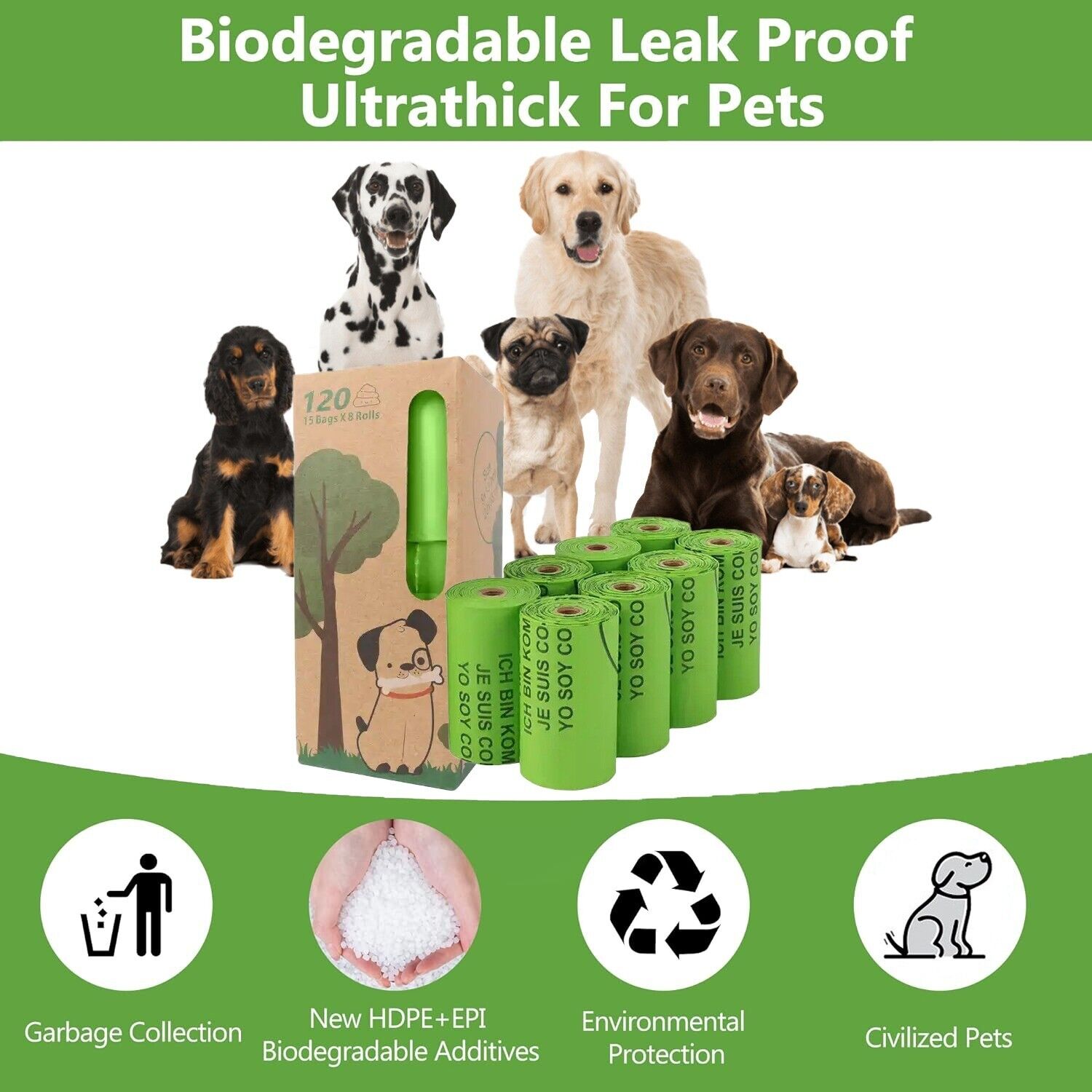 120 Scented Biodegradable Dog Poop Bags 8 rolls with Dispenser and Bag Holder