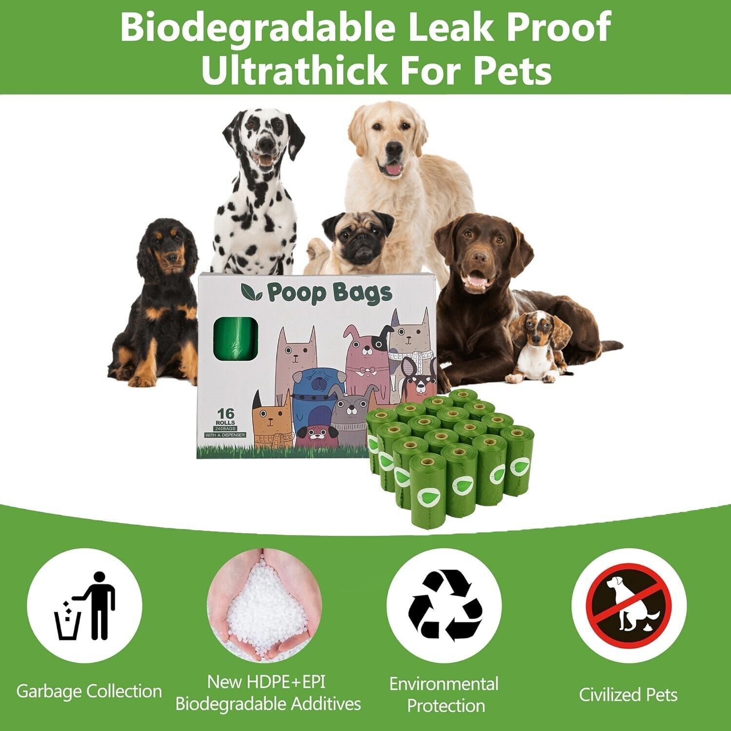 480 Scented Compostable Dog Poop Bags 2 Dispensers + 2 PVC bag holders 32 rolls