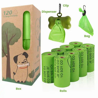 120 Scented Biodegradable Dog Poop Bags 8 rolls with Dispenser and Bag Holder