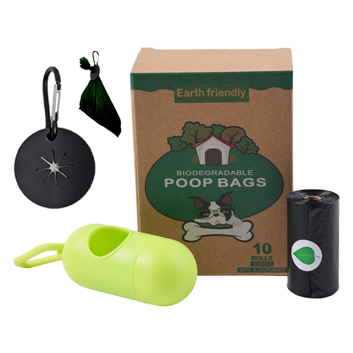 Compostable Dog Waste Bag Dispenser and Bag Holder with 150 poop bags = 15 rolls