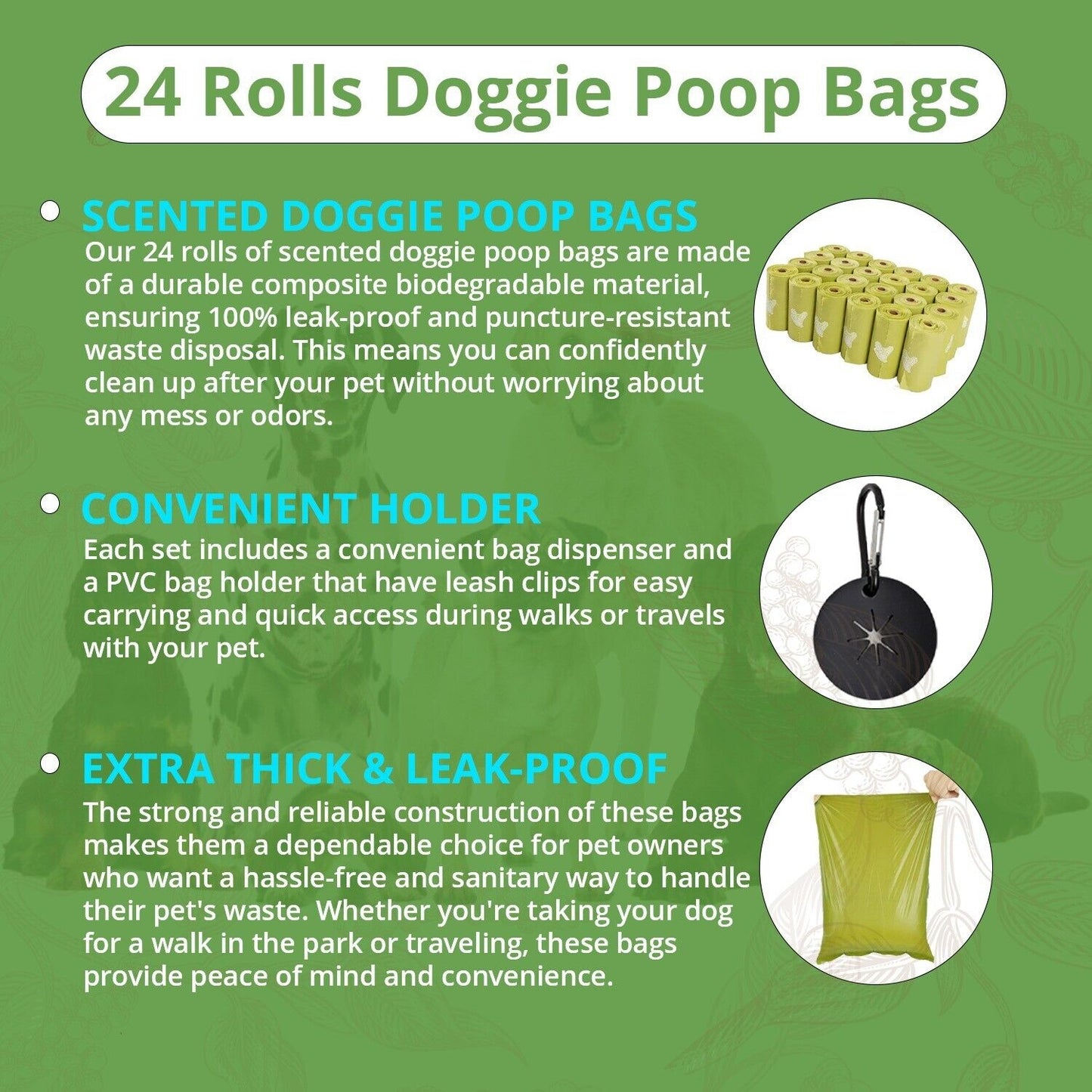 Dog Poop Bags, 24 Rolls/360 Bags with Dispenser and Bag Holder, Dog Waste Bags