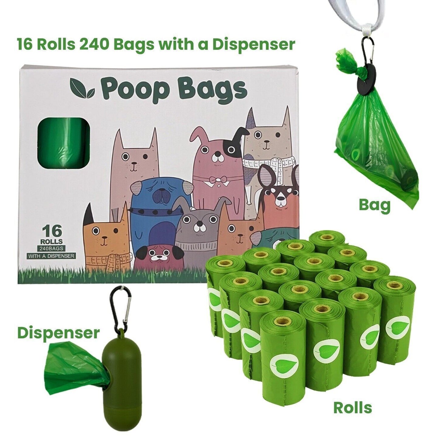 480 Scented Compostable Dog Poop Bags 2 Dispensers + 2 PVC bag holders 32 rolls