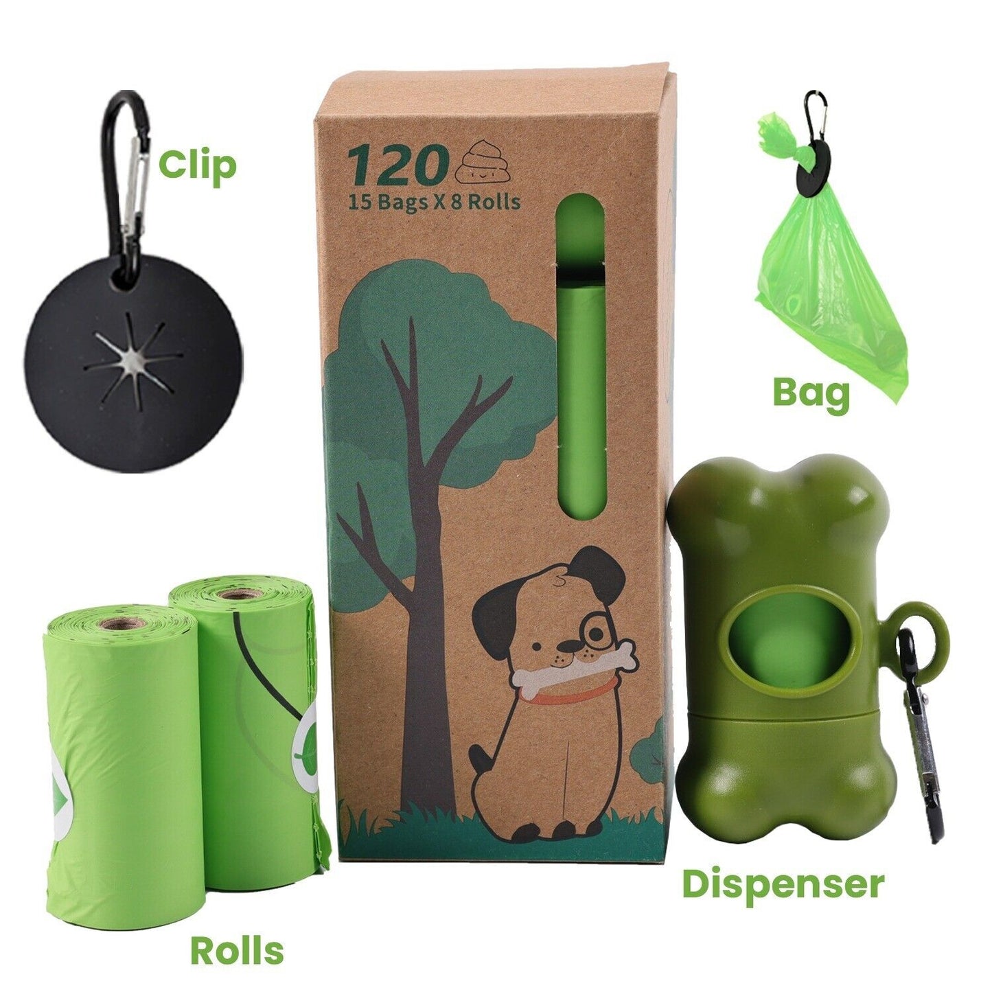 120 Scented Biodegradable Dog Poop Bags 8 rolls with Dispenser and Bag Holder