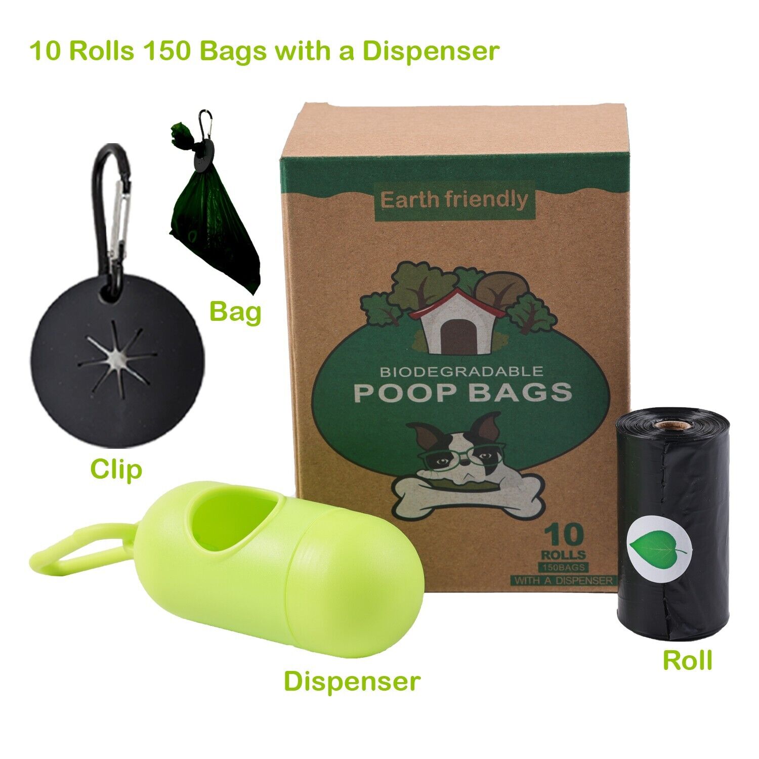 Compostable Dog Waste Bag Dispenser and Bag Holder with 150 poop bags = 15 rolls