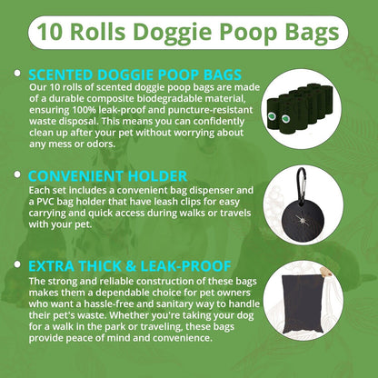 Compostable Dog Waste Bag Dispenser and Bag Holder with 150 poop bags = 15 rolls