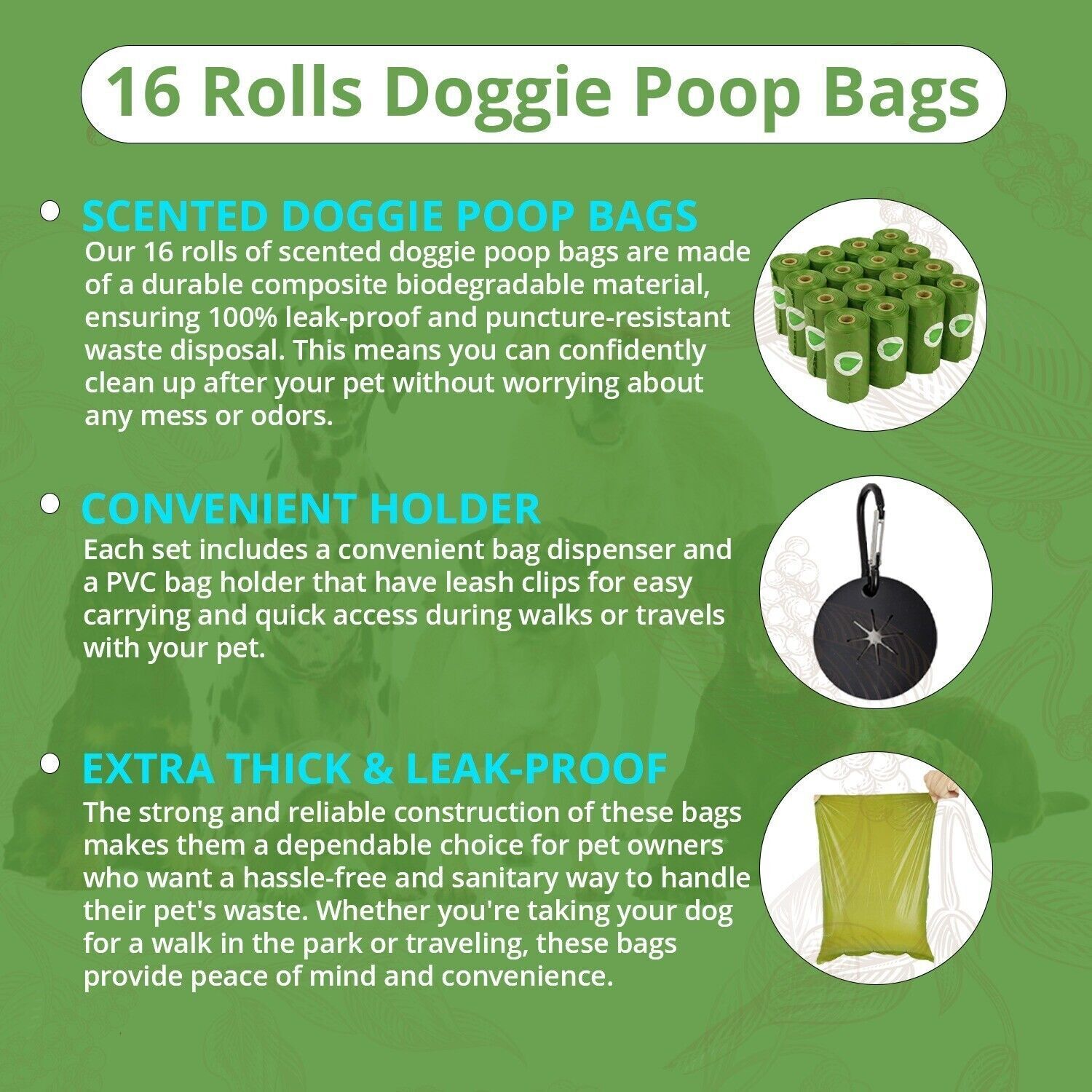 480 Scented Compostable Dog Poop Bags 2 Dispensers + 2 PVC bag holders 32 rolls