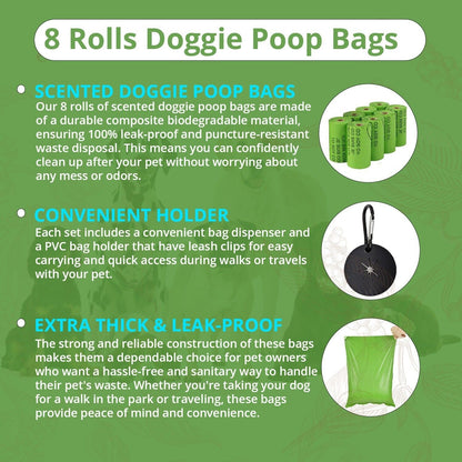 120 Scented Biodegradable Dog Poop Bags 8 rolls with Dispenser and Bag Holder