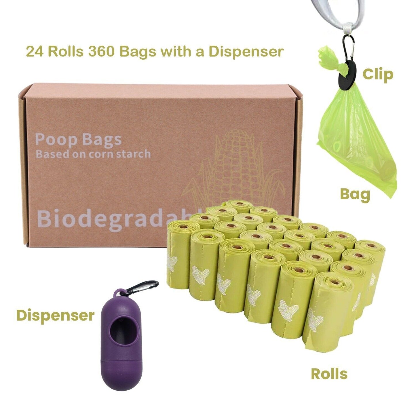 Dog Poop Bags, 24 Rolls/360 Bags with Dispenser and Bag Holder, Dog Waste Bags