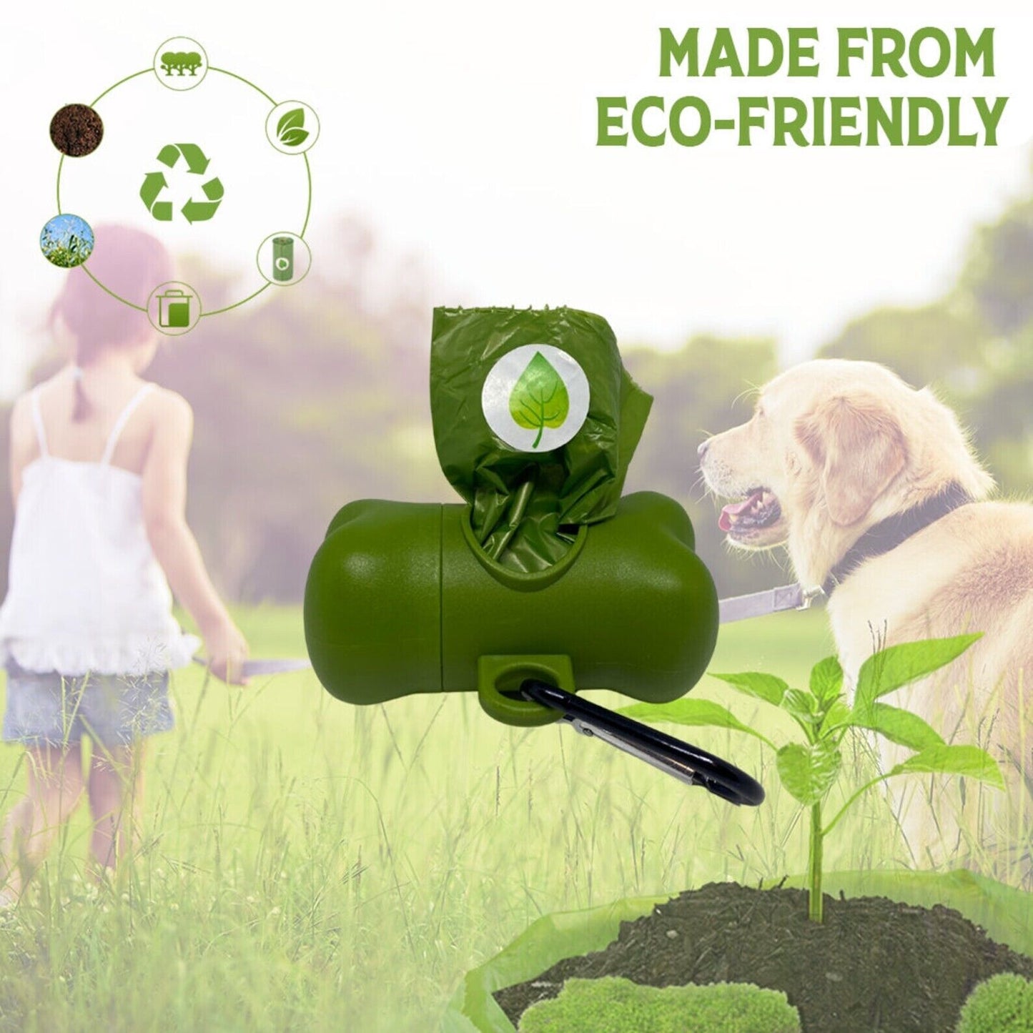 Compostable Dog Waste Bag Dispenser w/ 2 Compostable Poop Bag Rolls + Bag Holder