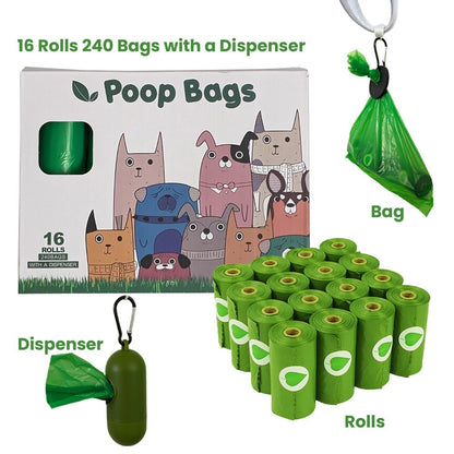 240 Scented Compostable Dog Poop Bags with Dispenser and PVC bag holder 16 rolls