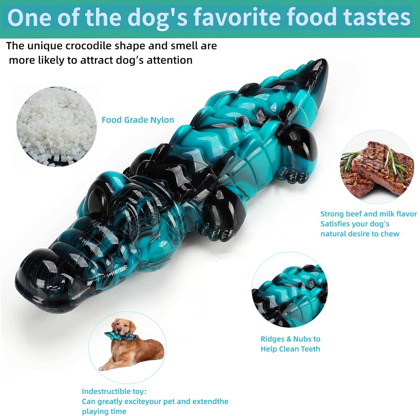 Tough Blue Alligator Shaped Food-Grade Nylon Dog Chew Toy, Fun For Aggressive Chewers, Treat Fillable