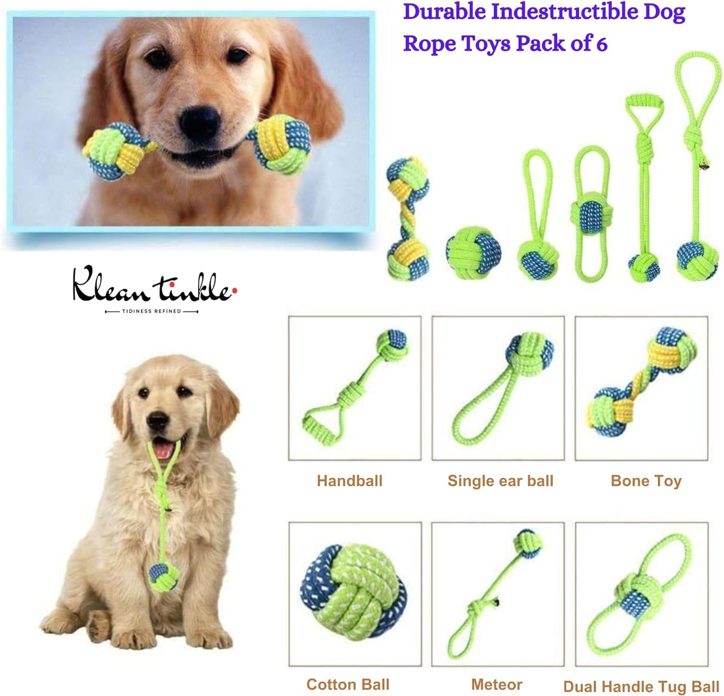 Set of 6 Tug Rope Chew Toys for Dogs - Bite Resistant Cotton Ropes for Aggressive Chewers