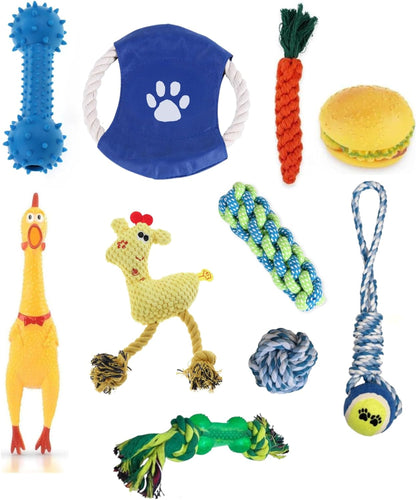 Set of 10 Cotton Tug Ropes and Rubber Pet Toys