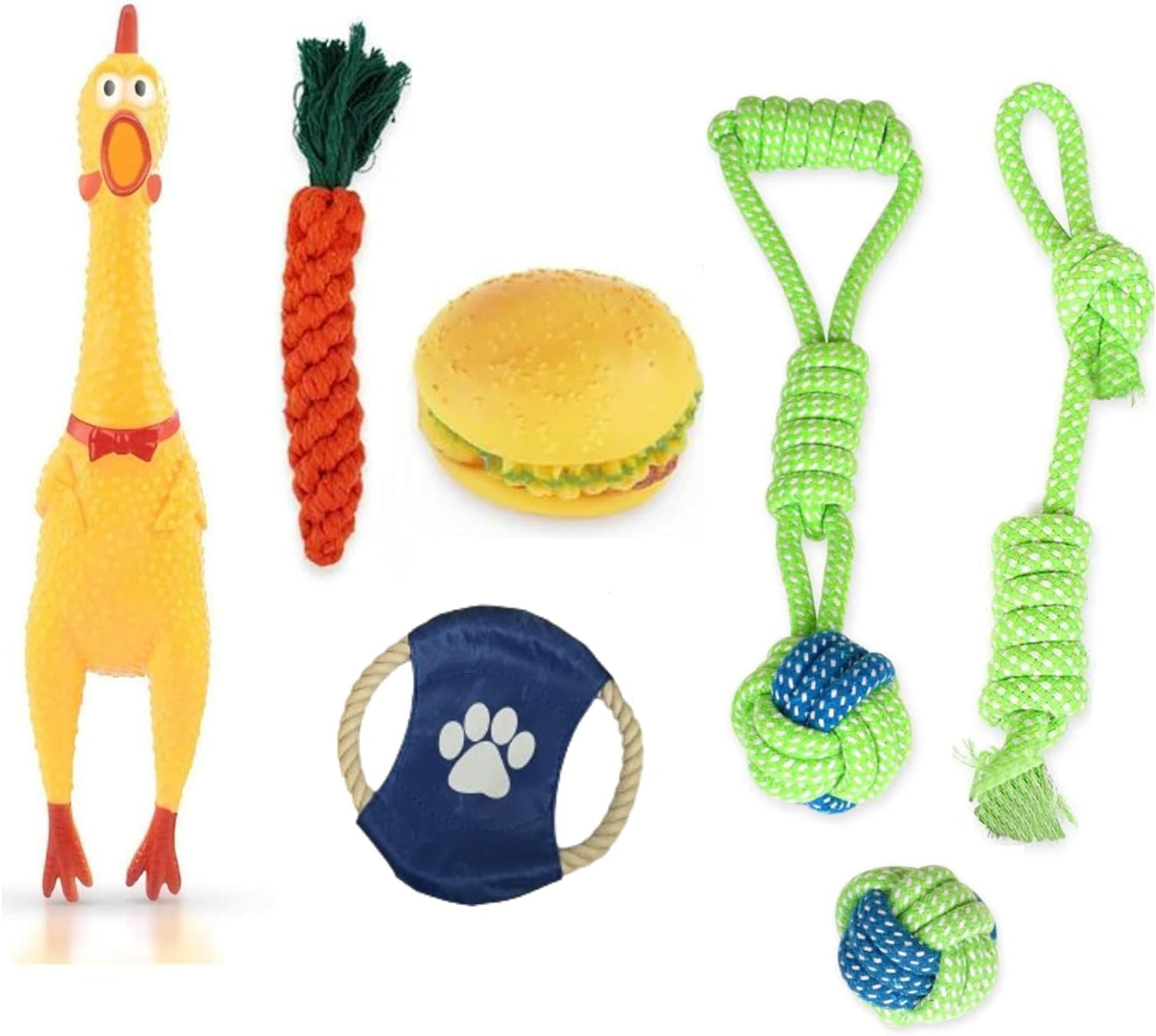 Set of 7 Cotton Tug Ropes and Rubber Pet Toys