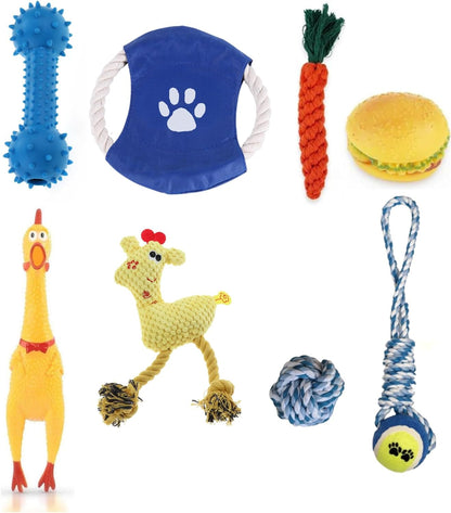 Set of 8 Cotton Tug Ropes and Rubber Pet Toys