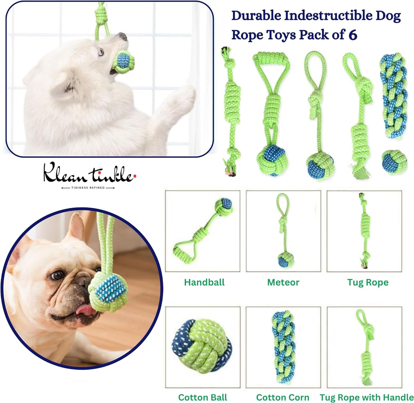 Set of 6 Tug Rope Chew Toys for Dogs - Bite Resistant Cotton Ropes for Aggressive Chewers