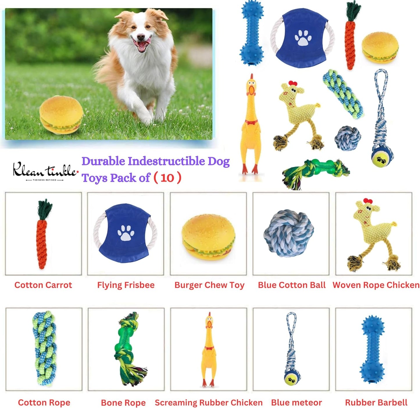 Set of 10 Cotton Tug Ropes and Rubber Pet Toys