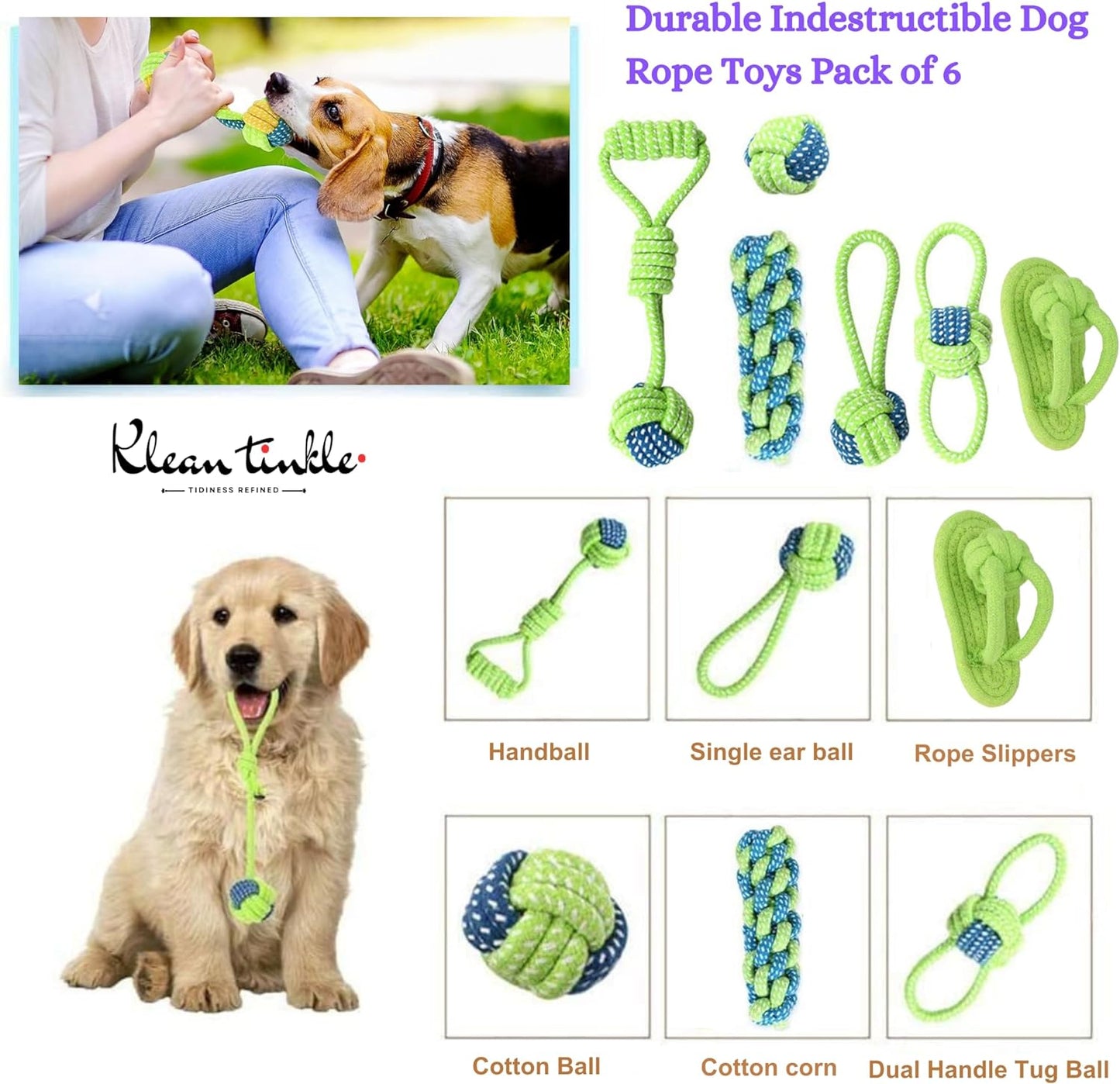 Set of 6 Tug Rope Chew Toys for Dogs - Bite Resistant Cotton Ropes for Aggressive Chewers