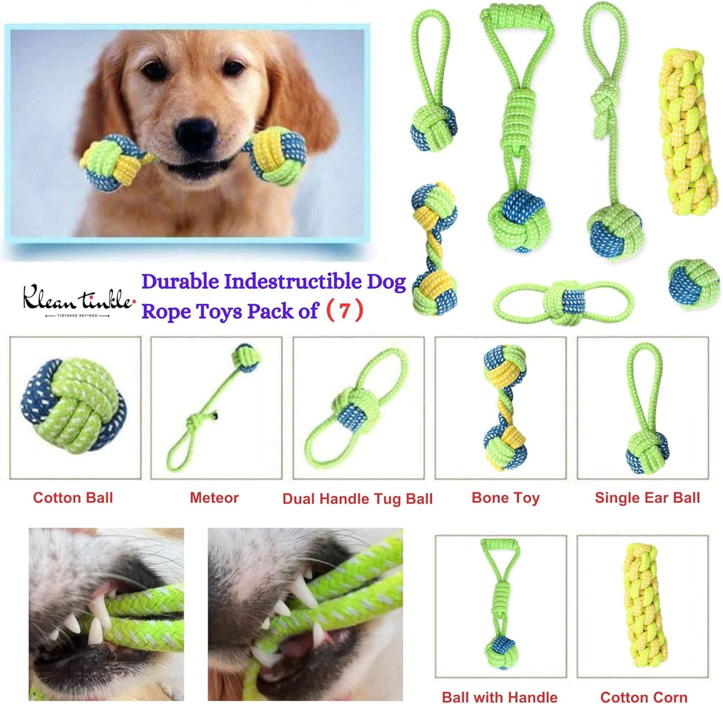 Set of 7 Tug Rope Chew Toys for Dogs - Bite Resistant Cotton Ropes for Aggressive Chewers