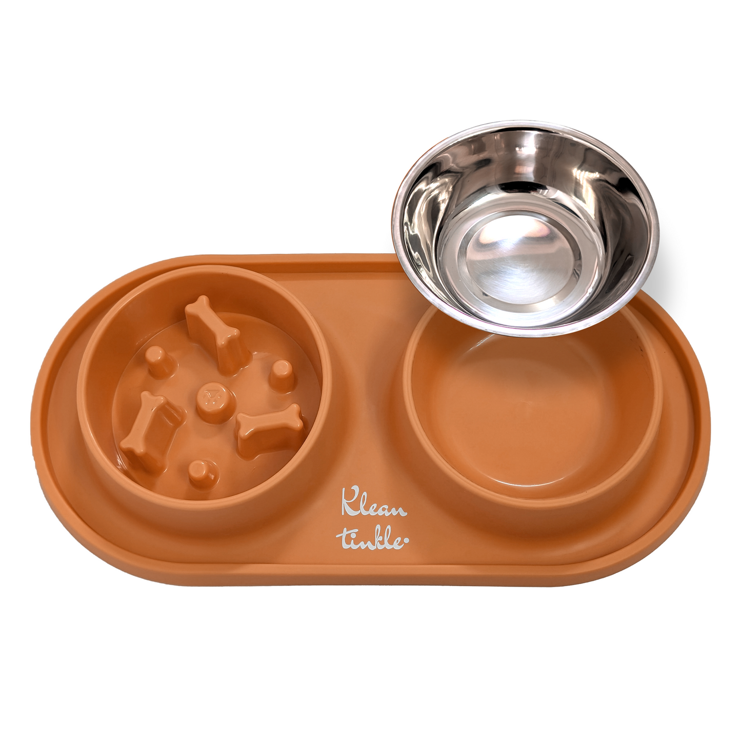 Slow Feeding Pet Bowl Set - Removable Stainless Steel Bowl and Non-Skid Silicone Mat in Stunning Tangerine Orange for Cats & Dogs