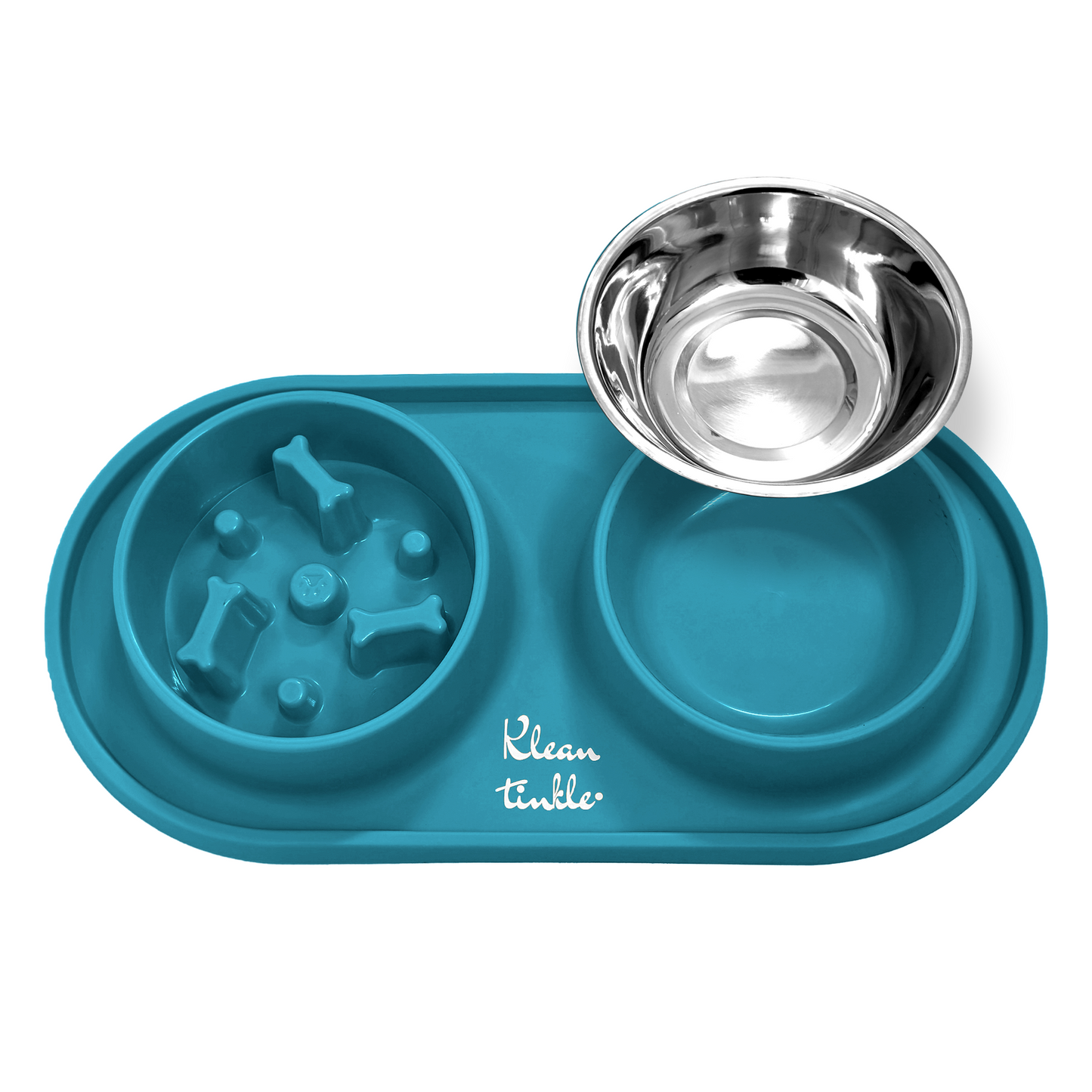 Slow Feeding Pet Bowl Set - Removable Stainless Steel Bowl and Non-Skid Silicone Mat in Stunning Dirty Blue for Cats & Dogs