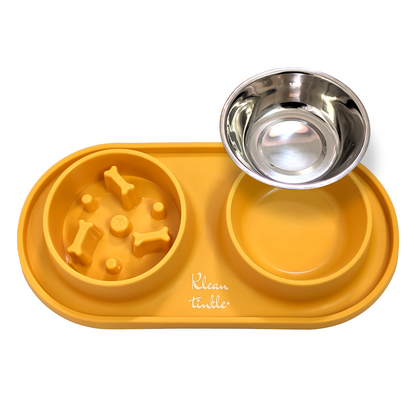 Slow Feeding Pet Bowl Set - Removable Stainless Steel Bowl and Non-Skid Silicone Mat in Stunning Sunny Yellow for Cats & Dogs