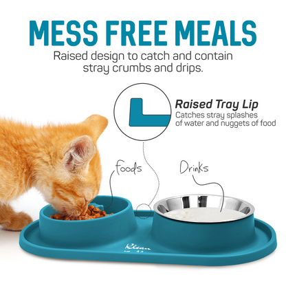 Slow Feeding Pet Bowl Set - Removable Stainless Steel Bowl and Non-Skid Silicone Mat in Stunning Dirty Blue for Cats & Dogs