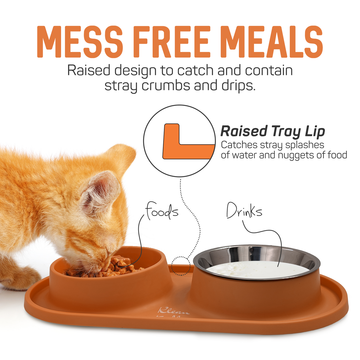 Slow Feeding Pet Bowl Set - Removable Stainless Steel Bowl and Non-Skid Silicone Mat in Stunning Tangerine Orange for Cats & Dogs