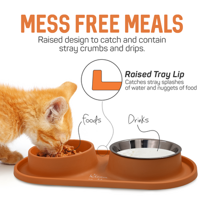 Slow Feeding Pet Bowl Set - Removable Stainless Steel Bowl and Non-Skid Silicone Mat in Stunning Tangerine Orange for Cats & Dogs