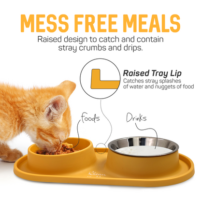 Slow Feeding Pet Bowl Set - Removable Stainless Steel Bowl and Non-Skid Silicone Mat in Stunning Sunny Yellow for Cats & Dogs