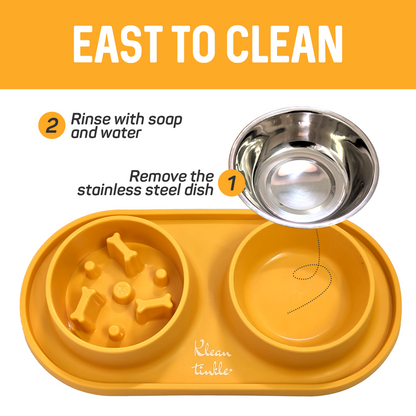 Slow Feeding Pet Bowl Set - Removable Stainless Steel Bowl and Non-Skid Silicone Mat in Stunning Sunny Yellow for Cats & Dogs