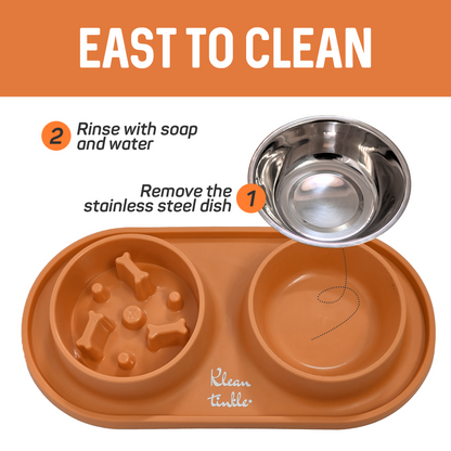 Slow Feeding Pet Bowl Set - Removable Stainless Steel Bowl and Non-Skid Silicone Mat in Stunning Tangerine Orange for Cats & Dogs