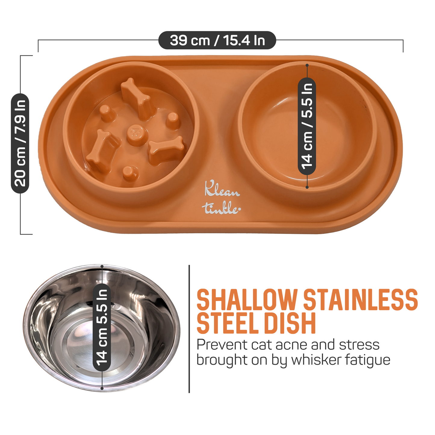 Slow Feeding Pet Bowl Set - Removable Stainless Steel Bowl and Non-Skid Silicone Mat in Stunning Tangerine Orange for Cats & Dogs