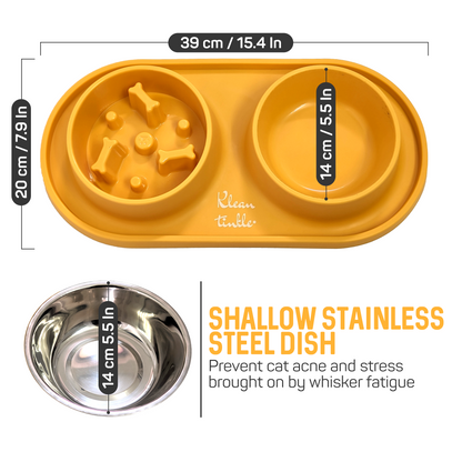 Slow Feeding Pet Bowl Set - Removable Stainless Steel Bowl and Non-Skid Silicone Mat in Stunning Sunny Yellow for Cats & Dogs