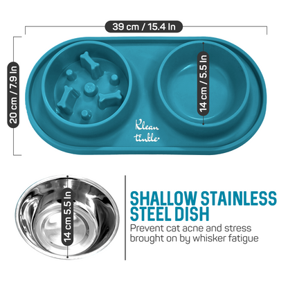 Slow Feeding Pet Bowl Set - Removable Stainless Steel Bowl and Non-Skid Silicone Mat in Stunning Dirty Blue for Cats & Dogs