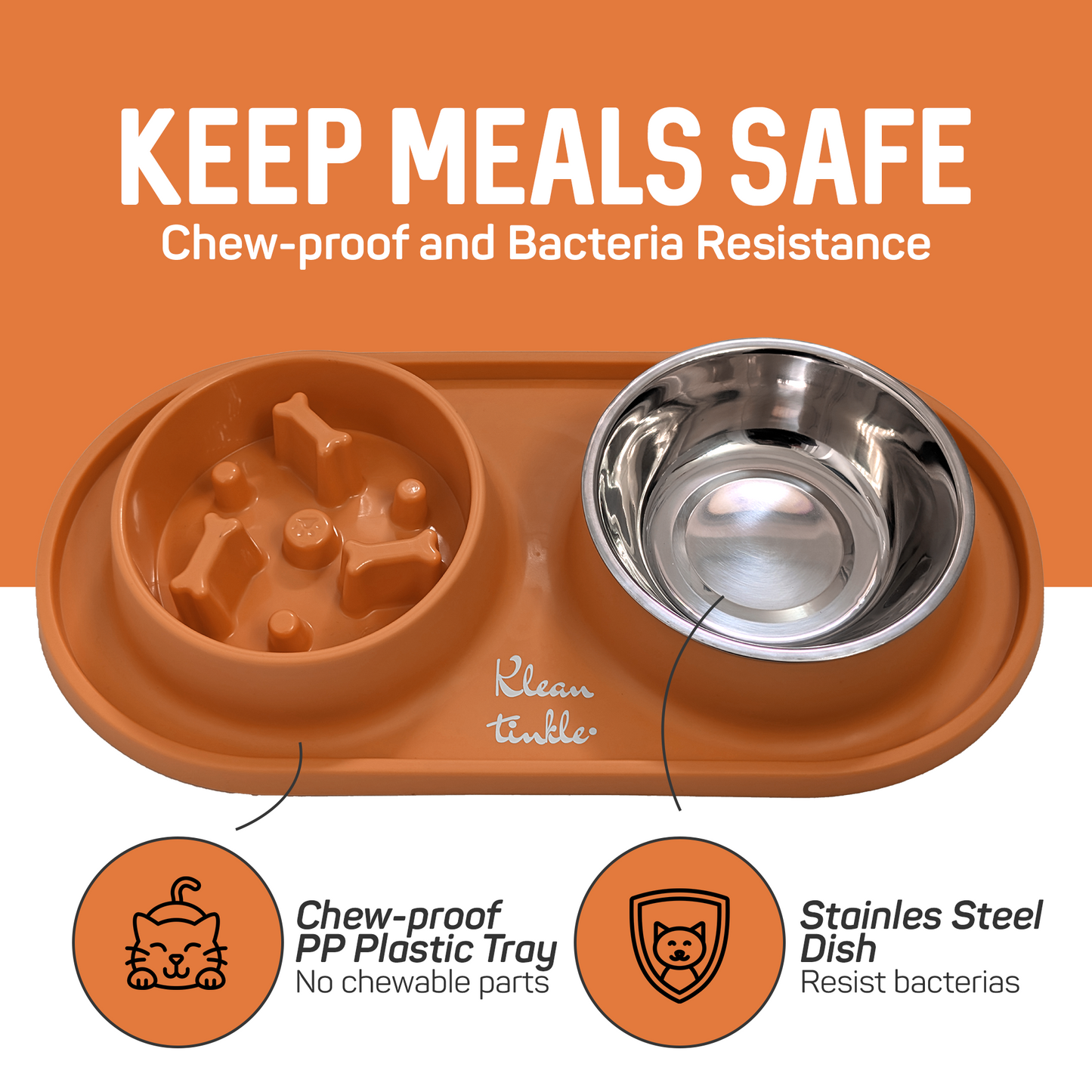 Slow Feeding Pet Bowl Set - Removable Stainless Steel Bowl and Non-Skid Silicone Mat in Stunning Tangerine Orange for Cats & Dogs