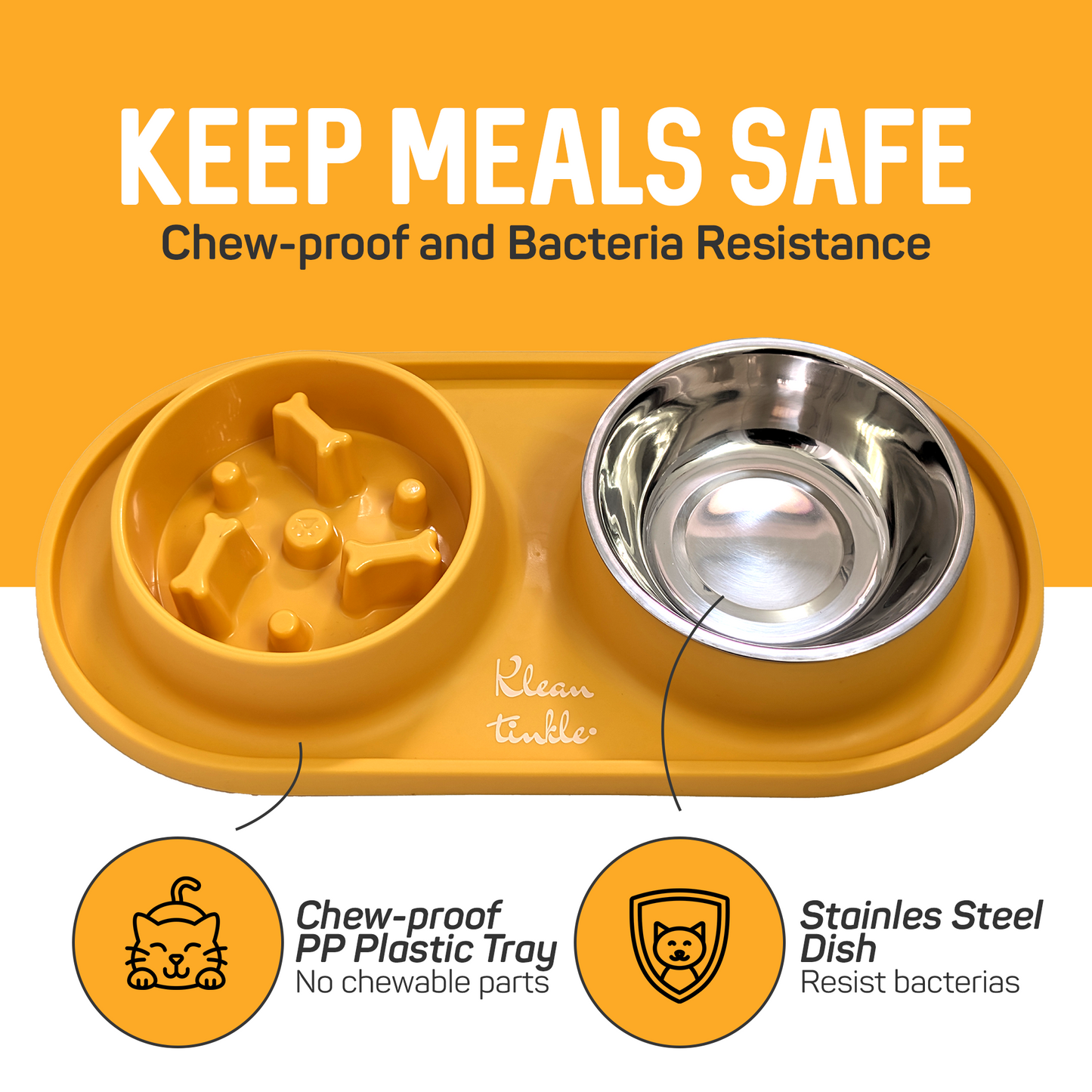 Slow Feeding Pet Bowl Set - Removable Stainless Steel Bowl and Non-Skid Silicone Mat in Stunning Sunny Yellow for Cats & Dogs