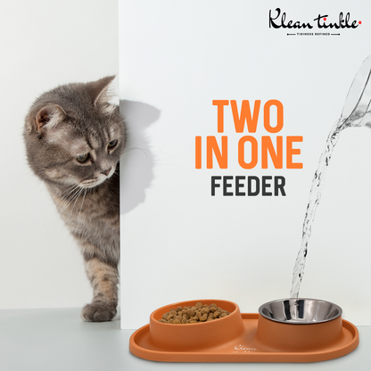 Slow Feeding Pet Bowl Set - Removable Stainless Steel Bowl and Non-Skid Silicone Mat in Stunning Tangerine Orange for Cats & Dogs