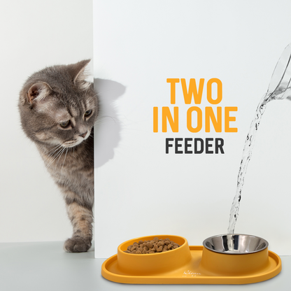 Slow Feeding Pet Bowl Set - Removable Stainless Steel Bowl and Non-Skid Silicone Mat in Stunning Sunny Yellow for Cats & Dogs