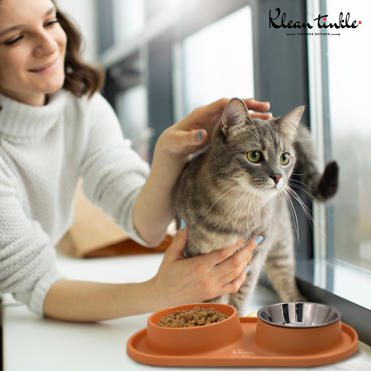 Slow Feeding Pet Bowl Set - Removable Stainless Steel Bowl and Non-Skid Silicone Mat in Stunning Tangerine Orange for Cats & Dogs