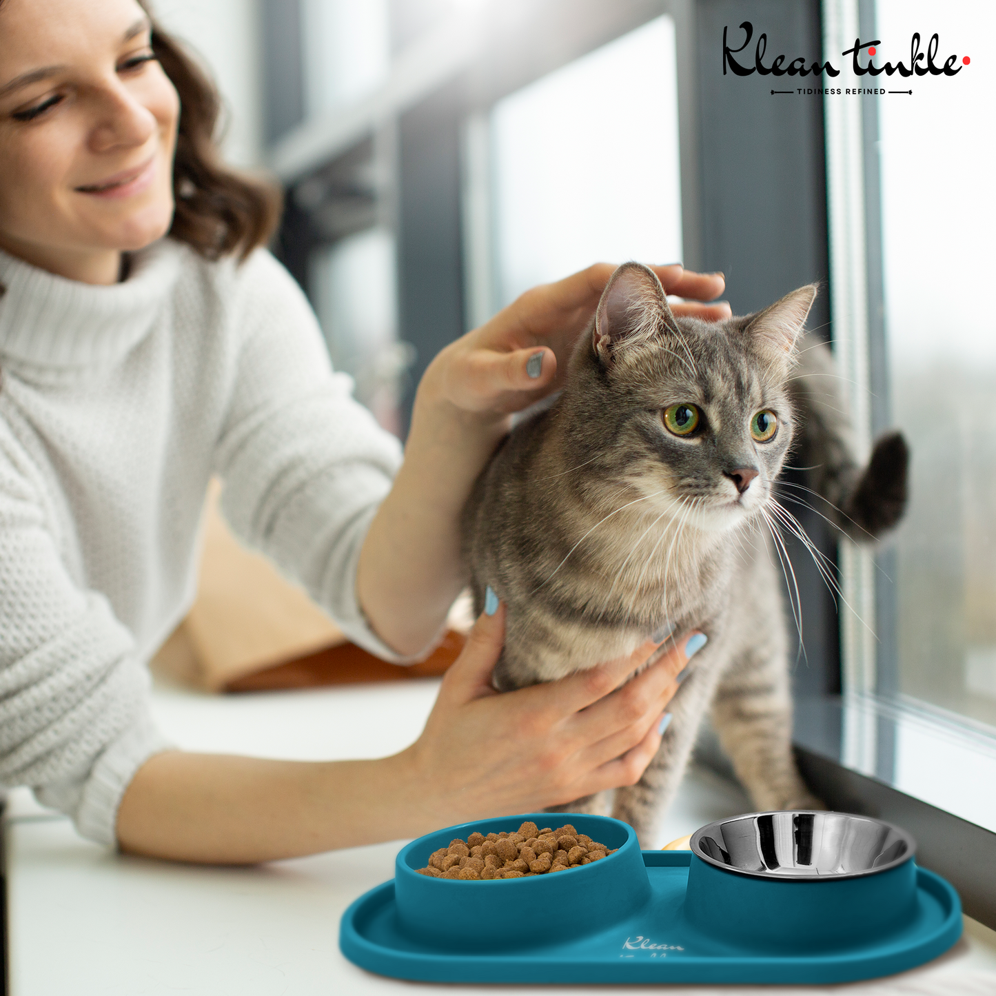 Slow Feeding Pet Bowl Set - Removable Stainless Steel Bowl and Non-Skid Silicone Mat in Stunning Dirty Blue for Cats & Dogs