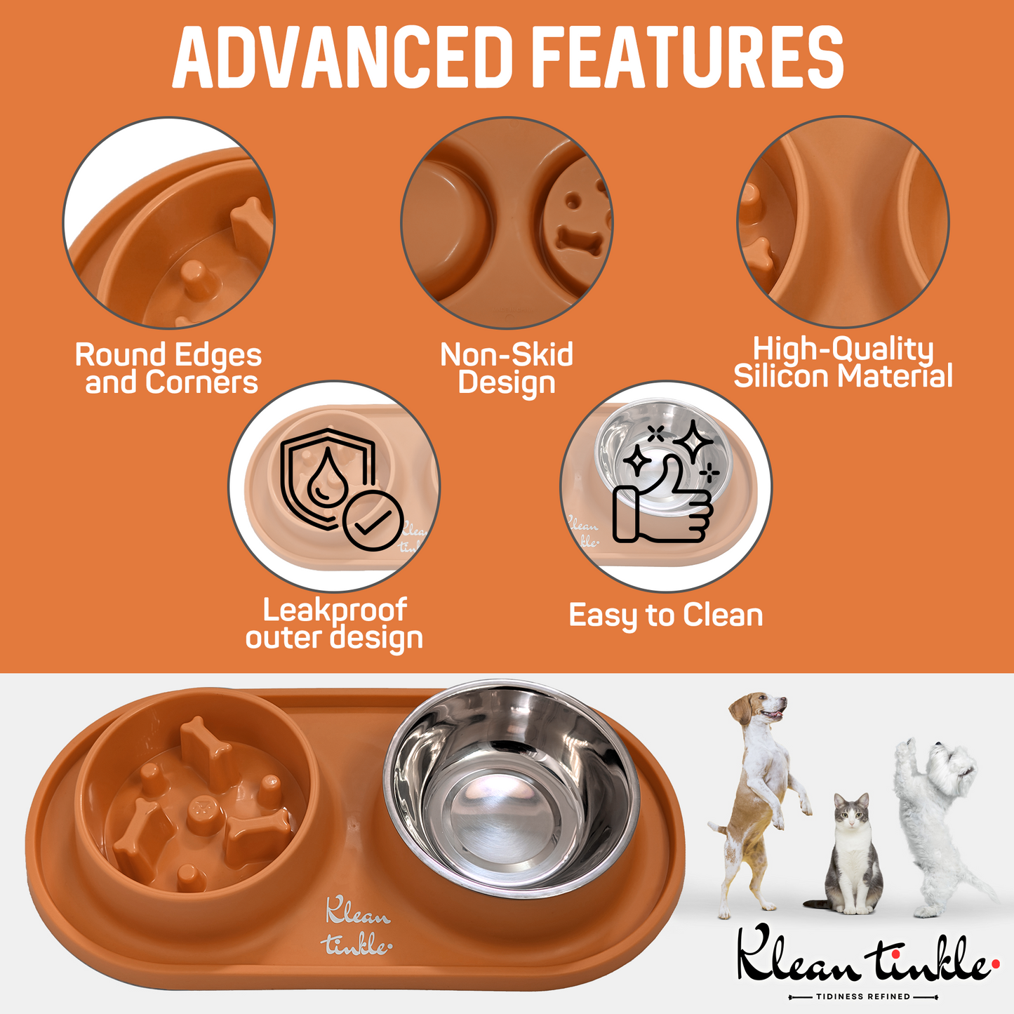 Slow Feeding Pet Bowl Set - Removable Stainless Steel Bowl and Non-Skid Silicone Mat in Stunning Tangerine Orange for Cats & Dogs